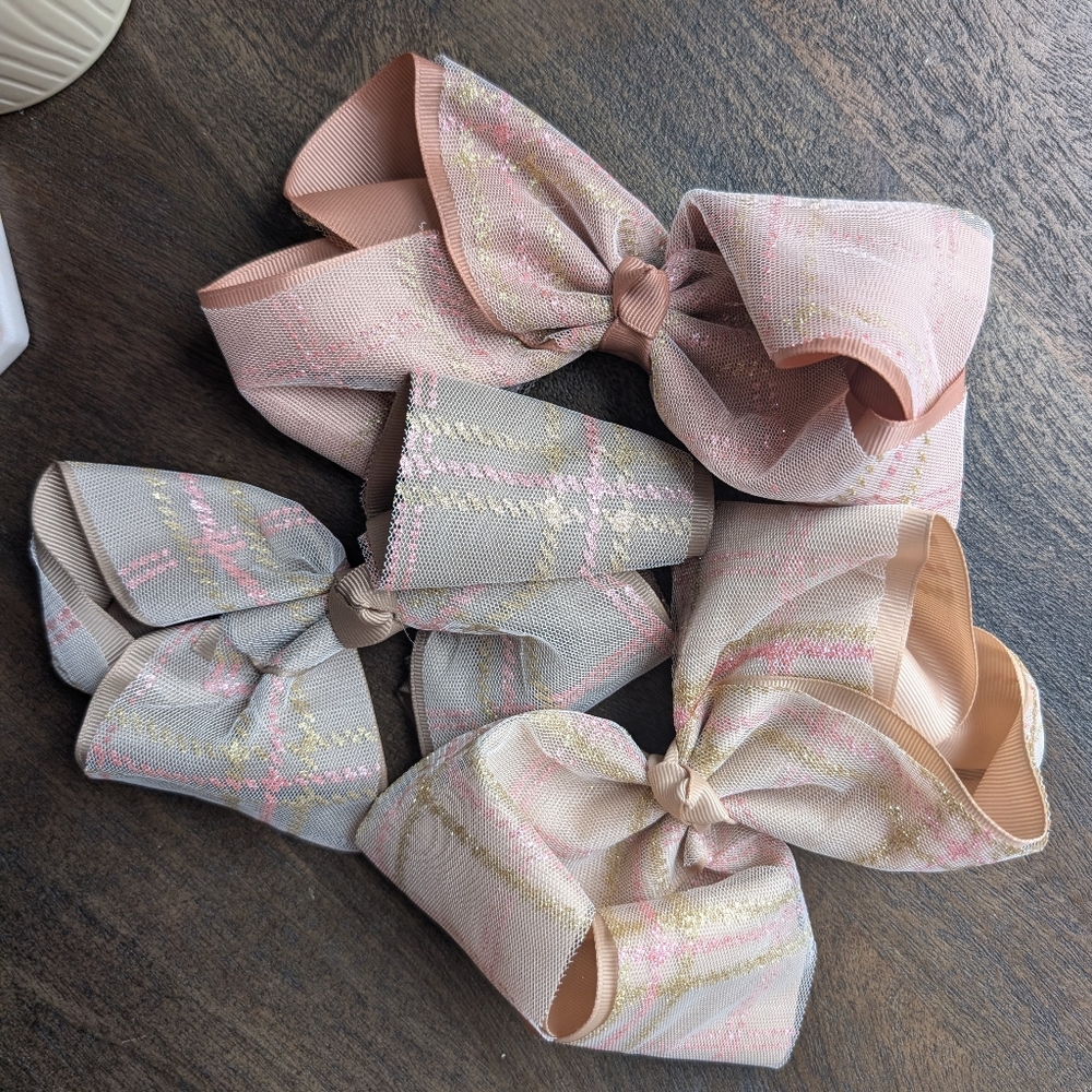 Pink, Taupe, Beige Hair Bow Clips Pink Gold Plaid Glitter